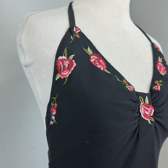 Vintage Betsey Johnson 100% Silk Rose Embroidered Halter Slip Dress Sz 4 - Picture 5 of 13